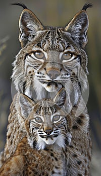 Male bobcat and kitten portrait with text space, object on the right side for balanced composition