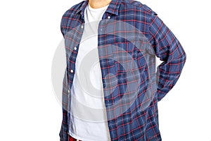 Male body with a blank t shirt and checkered shirt isolated against white background, closeup view