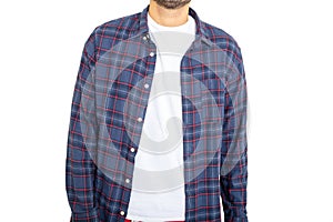 Male body with a blank t shirt and checkered shirt isolated against white background, closeup view