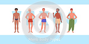 Male body of different type, diversity group of men in underwear or swimsuits standing