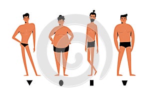 Male body shapes set - inverted triangle, oval, rectangle, rhomboid figure types. Human anatomy body shapes cartoon