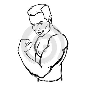 Male bodybuilder flexing his biceps. Hand drawn sketch. Outline silhouette. Design element. Vector illustration isolated on white