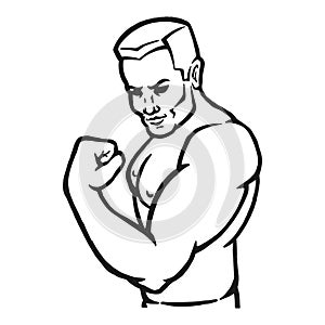 Male bodybuilder flexing his biceps. Outline silhouette. Design element. Vector illustration isolated on white background.