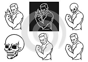 Male bodybuilder flexing his biceps. Outline silhouette. Design element. Vector illustration isolated on white background.