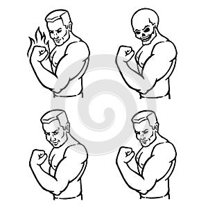 Male bodybuilder flexing his biceps. Outline silhouette. Design element. Vector illustration isolated on white background.