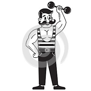 Male bodybuilder lifts dumbbell. playing sports. weight lifting. line drawing on white background. illustration of black and white