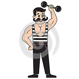 Male bodybuilder lifts dumbbell. playing sports. weight lifting. line drawing on white background. illustration of black