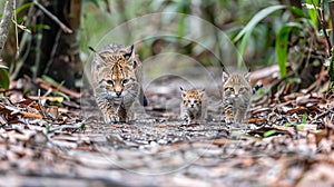 Male bornean bay cat and kitten portrait with ample space on the left for customized text