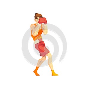 Male boxer character training with red boxing gloves, active sport lifestyle vector Illustration on a white background