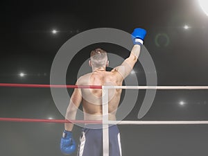 Male boxer with one hand up in boxing ring