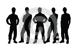 Male bricklayer silhouette collection. Construction workers wearing uniforms and standing with equipment. Men bricklayers with