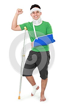 Male with broken arm and crutch