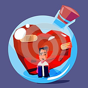 Male with broken and old heart in glass bottle. sad emotional concept - vector