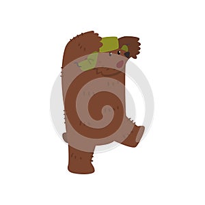 Male brown bear character in green earflap cartoon vector Illustration on a white background