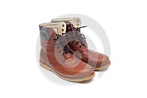 Male brown leather boot, footwear fashion isolated on white back