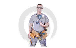 Male Builder, goggles and a respirator, hammer in hand, isolated on white background.