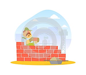 Male Builder Laying Bricks in Wall, Construction Worker Character Vector Illustration