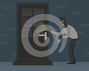 Male Burglar in Balaclava Committing Robbery, Theft Trying to Unlock Door with Lock Pick Breaking in House, Criminal