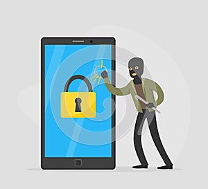 Male Burglar Hacking Smartphone and Stealing Personal Information from Laptop Phone, Lawless Criminal Scene Flat Vector photo