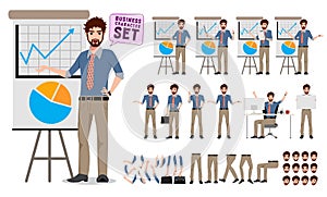 Male business character creation set showing business presentation