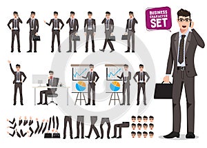 Male business characters vector set. Cartoon character creation of business man holding moblie phone