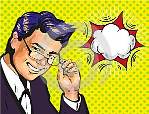 Male business coach or school teacher in glasses with speech bubble pop art comic