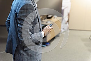 Male business coach speaker in suit give presentation, speaker presenter consulting training persuading employees client group