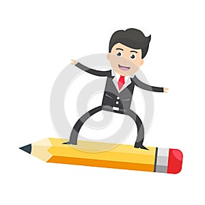 Male business man use pencils as skateboards to glide cartoon vector illustration