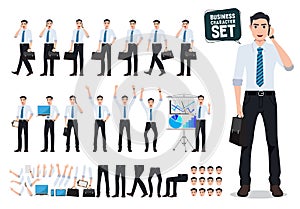 Male business person vector character creation set with business man talking on mobile phone