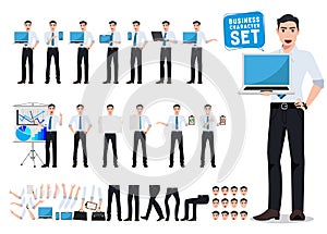 Male business person vector character creation set with young professional man holding laptop