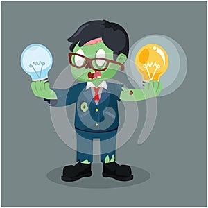 Male business zombie holding bulb