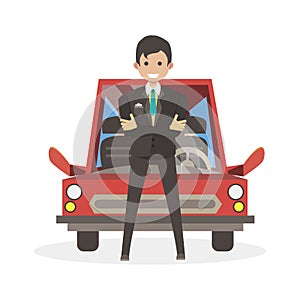 Male businessman bought the car. Character vector illustration flat people.