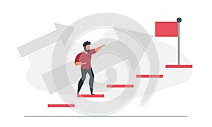 Male businessman climbs the stairs to take the flag. Business concept in process vector illustration