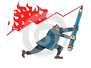 a male businessman draws a sales chart burning schedule with a large pencil, economic indicators concept