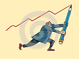 a male businessman draws a sales chart with a large pencil, economic indicators concept