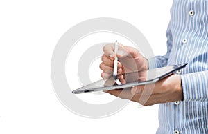 A male businessman holding a tablet in his hand. conceptual. Using tablet with digital smart pen