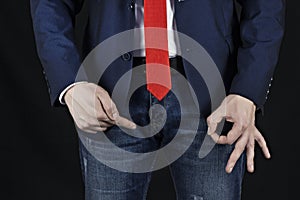 Male businessman showing gesture class at inguinal area, erection and Viagra, black background, viagra,