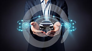 Male businessman showing protective gesture with car icon. The concept of car insurance in case of accident or theft