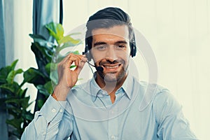 Male call center operator or telesales agent portrait. fervent