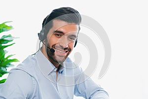 Male call center operator or telesales agent portrait. fervent