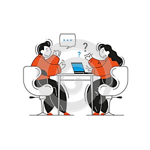 Male candidate and female HR manager talking at job interview vector flat illustration