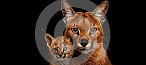 Male caracal and caracal kitten portrait with space on the left for text placement