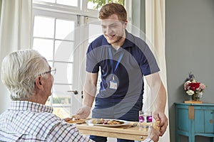 Male care worker serving dinner to a senior man at his home