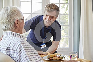 Male care worker serving dinner to a senior man at his home