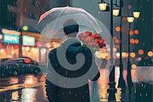 Male carrying flowers holding umbrella standing solitary amid throngs of people crossing street on rainy night