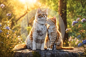 Male cat and female cat sitting together in sunny garden