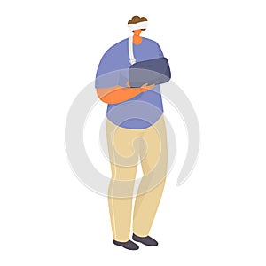 Male character broke arm, man bandaged head health young people condition isolated on white, cartoon vector illustration