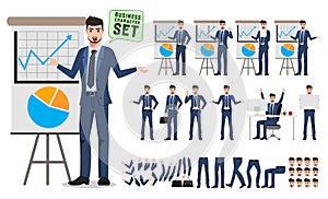 Male character for business presentation vector set. Business man cartoon character creation set