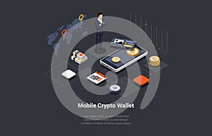 Male Character Buy Cryptocurrency And Hold It On Custodial And Non-Custodial Crypto Wallet. Boy Use Mobile Hardware And