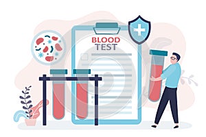 Male character carries blood for analysis. Test tubes with blood samples. Liquid composition under microscope